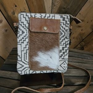 Myra Bag Cowhide w Aztec Canvas Crossbody Western Phone Purse